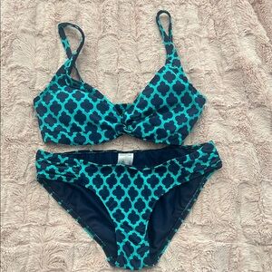 Lands End Teal and Navy Patterned Bikini Set NWOT